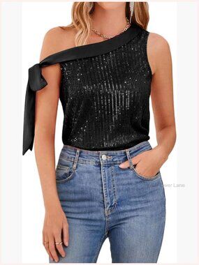 One Shoulder Sequin Tank Top Strappy Loose Sleeveless Top Party Blouse